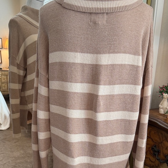 Luxe Cream and Tan Striped Cowl Neck Sweater - Picture 4 of 10
